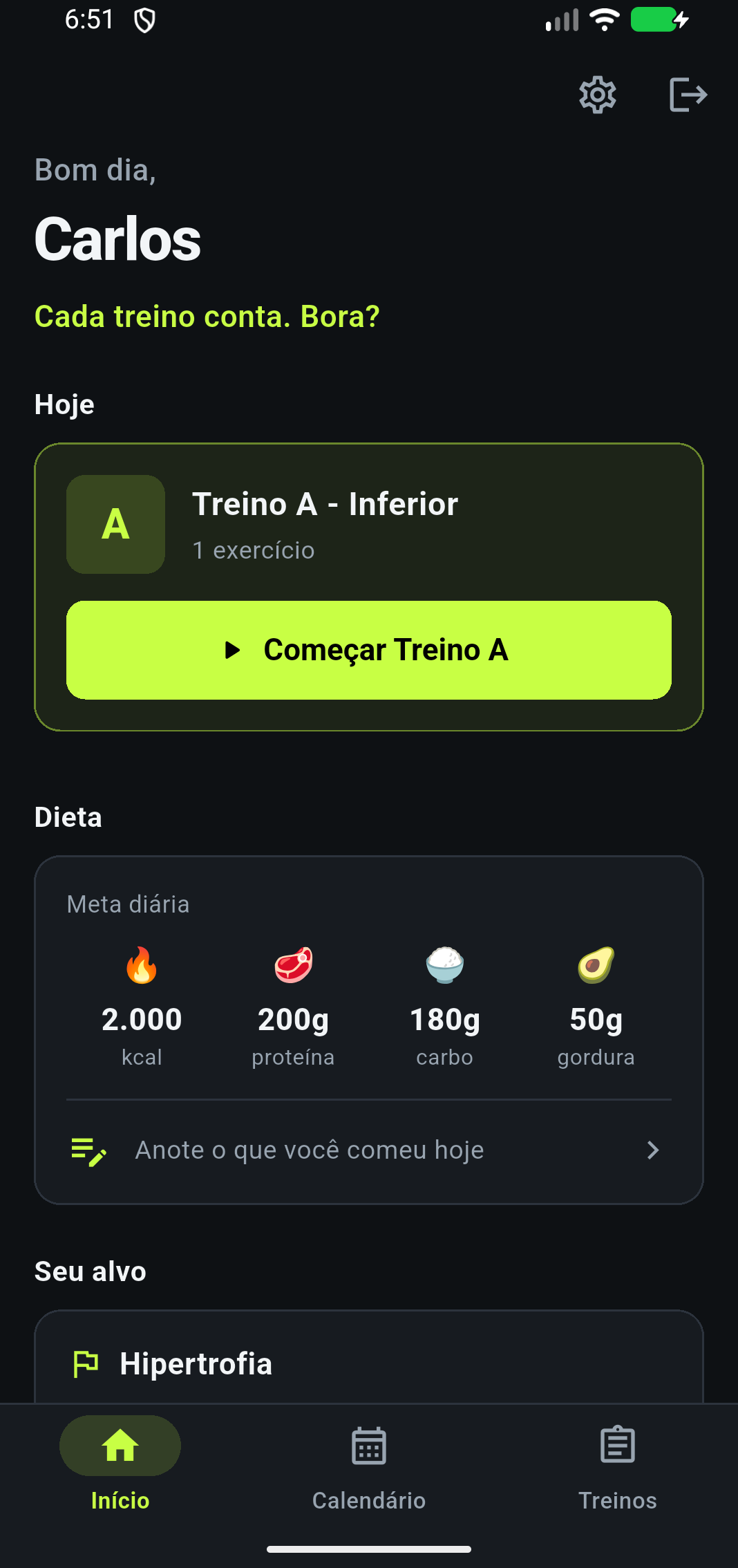 Início do aluno: saudação, treino de hoje e meta da dieta